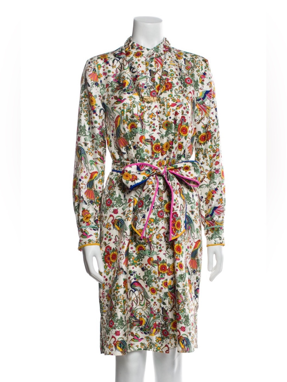 Tory Burch Cream Floral Belted Midi Dress with Multicolor Print